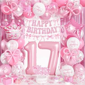 lot 13641 image: 17th Pink Bow Birthday Decorations for Girls, Coquette Party Decor Include 40 Inch Foil Number 17 Crown Star Balloon Long Latex Balloon Light Pink Bows Cake Topper Happy Birthday Banner Fringe Curtain - Retail $20