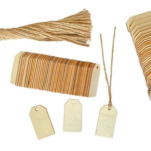 lot 13647 image: 200 Pack 2.2 Inch Wood Tags with Hole and Twine, Clipped Corner Rectangle Wooden Gifts Tag for Crafts Unfinished Labels (1.2x2.2 in) - Retail $15