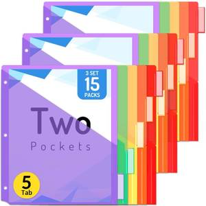 lot 13650 image: Forvencer 15 Count Dividers with Pockets, 5 Tab Dividers for 3 Ring Binder with Pockets, Subject Divider with Pocket, Premium Quality Notebook Divider with Pocket, Multicolor, 3 Sets - Retail $7