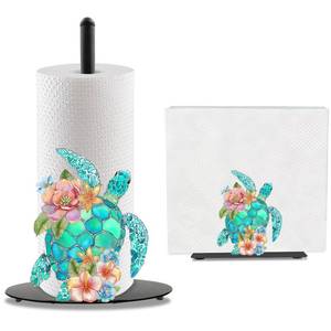 lot 13661 image: Sea Turtle Paper Towel Holder, Coastal Beach Ocean Countertop Decor Indoor with Round Base, Sea Turtle Gifts for Women, Iron Beachy Themed Napkin Holder Stand Accessories for Bathroom Kitchen, 2 PCS - Retail $29