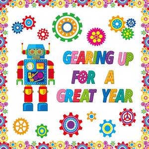 lot 13664 image: Fulmoon 52 Pcs Gear Bulletin Board Set Classroom Gear Robot Wall Decoration Gearing up for a Year Wall Decor Cutouts for School Classroom Science Themed Back to School Party Wall Decor Supplies - Retail $10