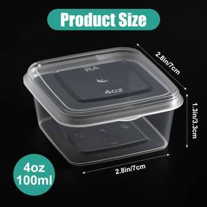lot 13665 image: Bgtecho 100 Pack Square Sauce Cup with Hinged Lids,4 oz Plastic Souffle Cups,Disposable Clear Leak Proof Portion Cups for Various Sauces Food Samples Condiment Storage Crafts (4oz) - Retail $19
