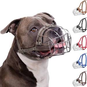 lot 13680 image: BRONZEDOG Pitbull Dog Muzzle Breathable Metal Basket for Large Dogs Amstaff Staffordshire Terrier Biting Chewing Barking (Leather, Gray) - Retail $34
