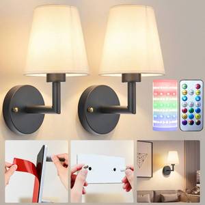 lot 15356 image: Nekhung Battery Operated Wall Sconces Set of 2, Wireless Wall Light with 10000mAh RGB Dimmable Magnetic Bulb, Rechargeable Wall Sconce with Remote Control for Bedroom Living Room - Retail $63