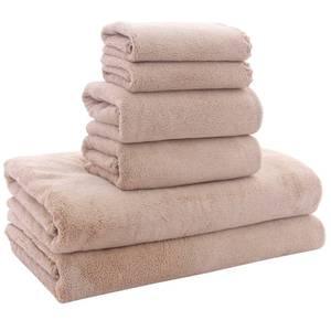 lot 15359 image: MOONQUEEN Ultra Soft Towel Set - Quick Drying - 2 Bath Towels 2 Hand Towels 2 Washcloths - Microfiber Coral Velvet Highly Absorbent Towel for Bath Fitness, Sports, Yoga, Travel (Brown, 6 Pcs) - Retail $19