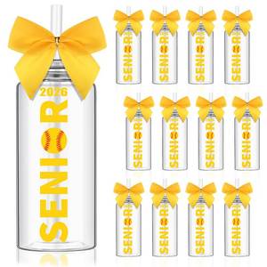 lot 15369 image: Skylety 12 Pack 2026 Softball Senior Night Gifts Softball Tumbler Cups with Lid and Straw Bow Decorated 13.5 oz Plastic Cup Clear Reusable Water Bottles for Sports Team - Retail $24