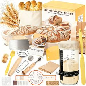 lot 15371 image: Sourdough Starter Kit, Sourdough Bread Baking Supplies, Round & Oval Banneton Bread Proofing Basket, Bread Sling, Starter Jar, Dough Whisk, Scrapers, Stencils & Bag, Complete Sourdough Kit Gifts - Retail $36