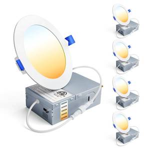 lot 15384 image: Ensenior 4 Pack 4 Inch LED Recessed Light, Dimmable, 2700K-5000K 5CCT, 750LM High Brightness, 9W 120V, Damp Rated, Ultra-Thin Canless Wafer Ceiling Light - ETL & FCC & IC - Retail $50
