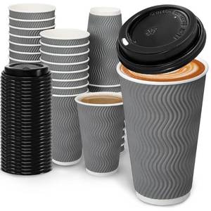 lot 60663 image: BYSNOW 100 Pack 16 oz Coffee Cups with Lids, Disposable Insulated Hot Cups To Go Paper Coffee Cups, Corrugated Ripple Wall Cup for Hot Drink, Office, Coffee Bar (Grey 16 oz) - Retail $29