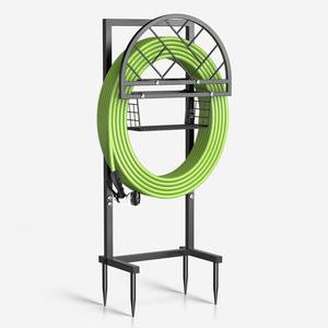 lot 62780 image: MLICAWU Garden Hose Holder Heavy Duty Water Hose Holder with Storage Basket,Holds Up to 165FT Hose, Freestanding Outdoor Hose Hanger with 4 Spikes Sturdy Hose Stand, for Outside Yard Lawn Patio - Retail $23