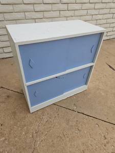 lot 18 image: Two-Drawer Storage Cabinet White Blue 36 x 18 x 32 inches