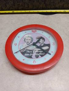 lot 468 image: I Love Lucy Wall Clock 10 inch Red Round Theres Always Time for Laughter