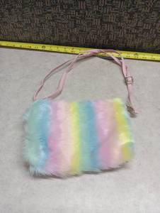 lot 491 image: Fuzzy Pastel Rainbow Stripe Crossbody Shoulder Bag Pink Strap