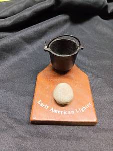 lot 509 image: Early American Lighter Wooden Base Metal Cauldron Decorative