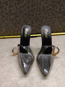 lot 536 image: Mixx Shuz Womens Mules Pair Black Pointed Toe Gold Chain Detail