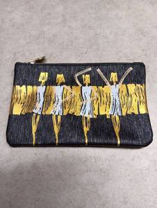 lot 542 image: Embroidered Figures Cosmetic Pouch Black Yellow White with Gold Zipper