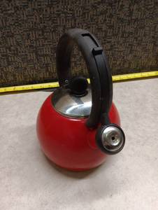lot 584 image: Red Whistling Tea Kettle with Black Handle and Stainless Steel Lid