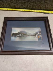 lot 595 image: Framed Cruise Ship Photograph Print Matted Blue Mat Dark Wood Frame