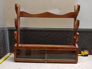 lot 599 image: Wood Gun Rack with Sliding Glass Door Display Case approx 36in Wide