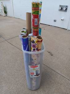 lot 606 image: Rubbermaid Wrap n Craft Storage Box 20 with Decorative Wrapping Paper Rolls