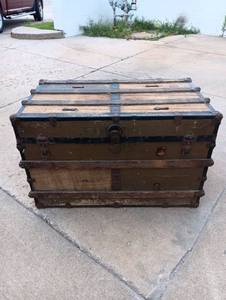 lot 607 image: Steamer Trunk with Wood Slat Top and Metal Bands