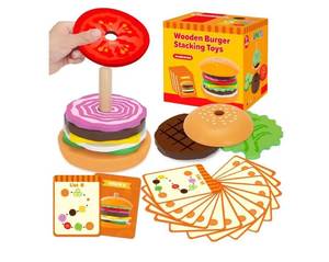 lot 17565 image: Montessori Wooden Burger Stacking Toys for Ages 2-5 - Retail $19
