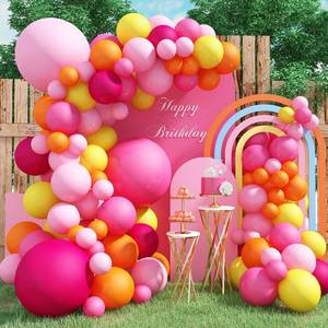 lot 17586 image: Pink and Orange Balloon Arch, 103 PCS Baby and Hot Pink Balloon Garland With Peach Yellow Balloons for Princess Tropical Hawaiian Theme Birthday Party Decorations - Retail $15