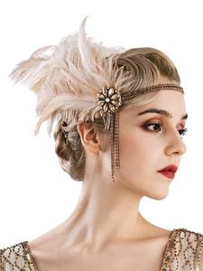 lot 17598 image: SWEETV 1920s Headpiece Flapper Headband, Rhinestone Pearl Feather Hair Band Great Gatsby Headpiece Accessories for Women,Champagne - Retail $20