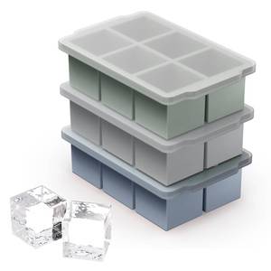 lot 17613 image: 3 Packs Large Ice Cube Molds with Stackable Lid,Silicone Ice Cube Tray for Freezer,Big Square Ice Tray for Whiskey,Cocktails,Bourbon and Soups - Retail $10