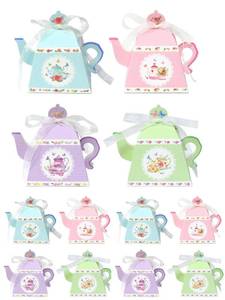 lot 17646 image: 24 Piece Tea Party Favor Boxes, Teapot Shaped Treat Box, Floral Centerpiece Table Decorations Tea Party Candy Box for Birthday, Baby Shower, Wedding, Kids Party Supplies (24 Vintage) - Retail $15