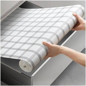 lot 17653 image: Shelf and Drawer Liner for Kitchen Cabinet, Non-Adhesive Cabinet Liners for Shelves, Strong Grip Shelf Paper Non-Slip Waterproof Easy to Cut for Dresser Cupboard, Grey Stripe, 12 in x 10 ft - Retail $10