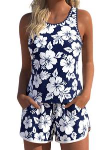 lot 17655 image: Modest Coverage Womens Tankini Swimsuits with Pocket, Bathing Suits Contrast Binding Tank Top with short(size xl) - Retail $40