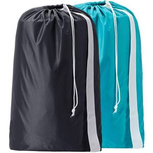 lot 17656 image: 2 Pack XL Nylon Laundry Bag with Strap, Large Dirty Clothes Organizer, Easy Fit a Laundry Hamper or Basket, Can Carry Up to 4 Loads of Laundry, Black and Sky Blue - Retail $18