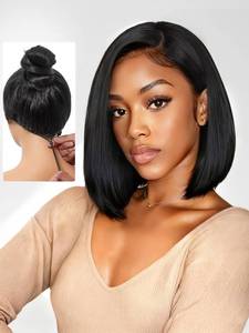lot 17676 image: Glueless Bob Wig Human Hair Pre Plucked Pre Cut 6x4 HD Lace Closure Wigs Human Hair 150% Density Wear and Go Short Straight Bob Wigs for Black Women 12 Inch - Retail $40