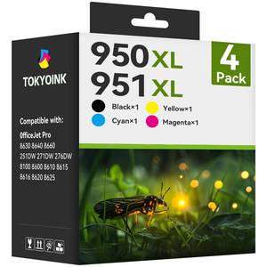 lot 17692 image: 950XL and 951XL Ink Cartridges Combo Pack (4 Pack) Replacement for HP 950XL 951XL Ink Cartridges for HP Printer Works for 8600 Officejet Pro 8610 8620 8630 8100 8615 Black Cyan Magenta Yellow - Retail $40