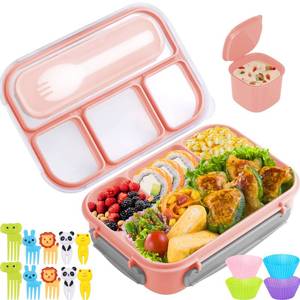 lot 17700 image: Bento Box for Kids, 1300ML Lunch Box Kids with 4 Compartment&Food Picks Cake Cups, Lunch Box Containers for AdultsKidsToddler, Leak-Proof (Pink) chip on corner  - Retail $9