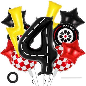 lot 17706 image: 11 Pcs Race Car Birthday Balloons, 40 Inch Number 4 Racetrack Foil Balloons, Lightning Tire Star Checkered Mylar Balloon for Race Car Themed Birthday Party Decorations (Number 4) - Retail $8