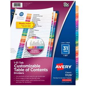 lot 17718 image: Avery 1-31 Dividers for 3 Ring Binders, 31 Tabs per Set, Customizable Table of Contents, Multicolor Tabs, Great for Organizing Reports, Projects, and More (11129) - Retail $8