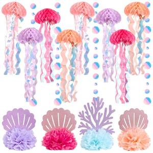 lot 17722 image: Under The sea Party Decorations, 16 Pcs Pink Jellyfish Honeycombs, Coral Table Centerpieces and Bubble Garlands, for Mermaid Birthday, Purple Paper Hanging Jellyfish Ocean Themed Birthday Party - Retail $22