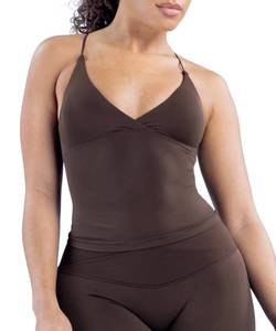 lot 17744 image: Womens Gym Camisole Tank Top Workout Longline Top with Built-in Bra Strappy Back Tank Umber, L - Retail $20