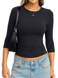 lot 17762 image: Womens Cotton 34 Length Sleeve Tops Crew Neck Slim Fit Shirts Basic Going Out Tops Casual Cute Tee Spring Fashion 2026 True Black M - Retail $19