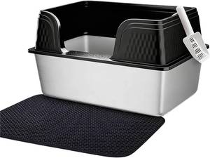 lot 8418 image: $161 Extra Large High-Sided Metal Cat Litter Box with Lid, Side Entry