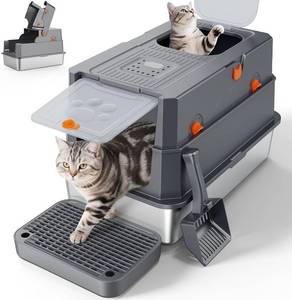 lot 8432 image: $55 FURTIME Stainless Steel Litter Box with Lid, Large Cat Box, Grey
