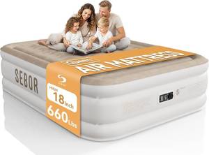 lot 8467 image: $76 Sebor Air Mattress with Built-in Pump, 18 Queen, KhakiWhite