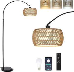 lot 8505 image: $80 Arc Floor Lamp with 3 Color Temp, Black, Remote, Dimmable LED