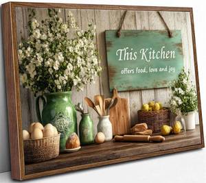lot 8522 image: Framed Country Kitchen Food Still Life Canvas Wall Art, 16x24