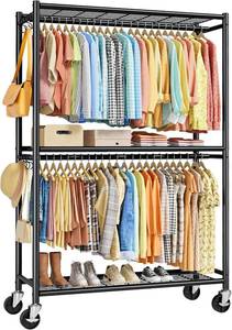 lot 8540 image: $95 Sakugi Clothes Rack - Double Hanging Rod, Wheels, Black