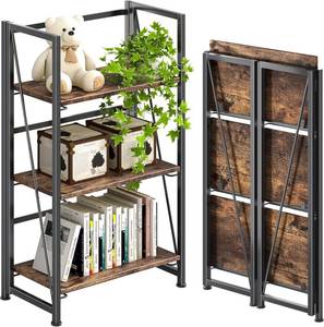 lot 8550 image: $110 4NM Folding Bookshelf, 3-Tier, No Assembly, Rustic BrownBlack