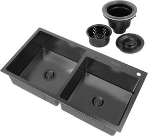 lot 8561 image: $146 SOLVEX 33in Double Bowl Kitchen Sink with Nano Coating ST-8546-N