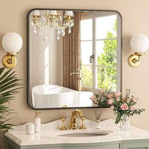 lot 8563 image: $65 24x24 Black Square Mirror for Over Sink, Metal Frame, Shatterproof
